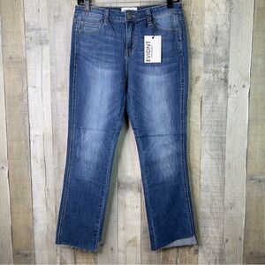 EVIDNT Los Angeles Size 28 Straight Leg Asymmetrical Cut Raw Hem Blue Denim Jean